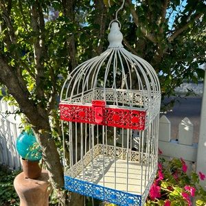Decorative White Metal Birdcage with Red and Blue Accents